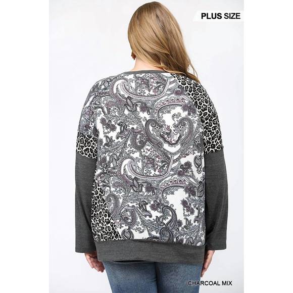 NEW GIGIO pasley leopard color block top in charcoal mix - Picture 3 of 3